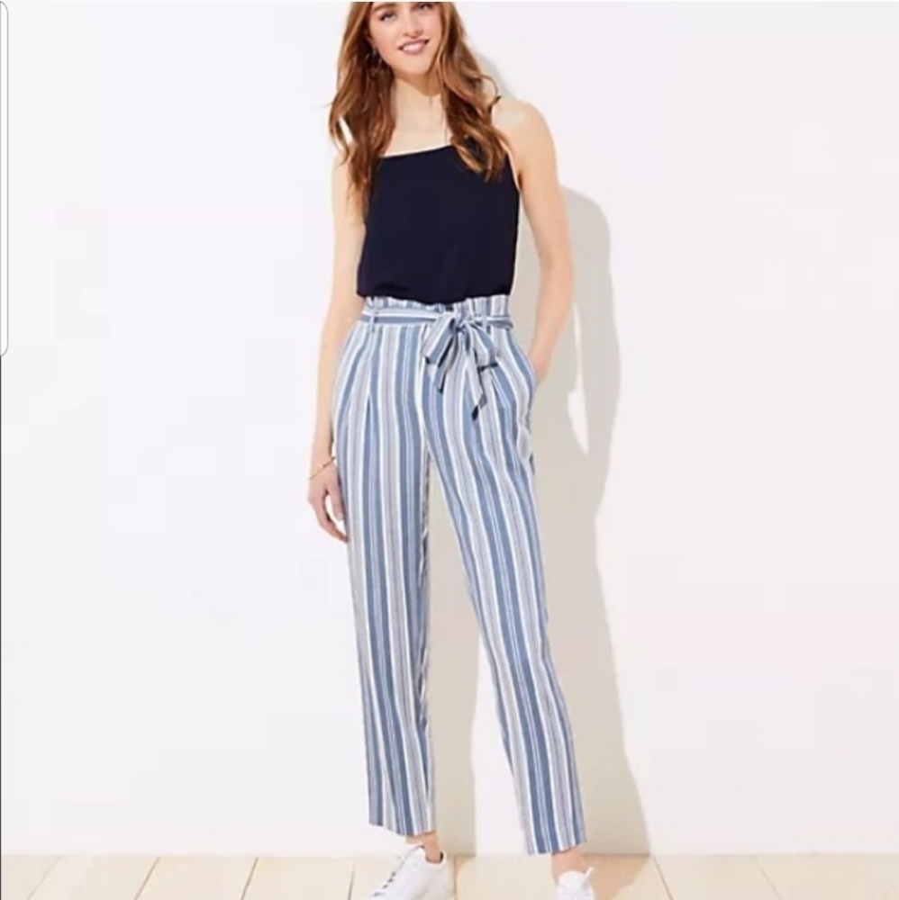 LOFT blue striped paper bag linen pants tall long